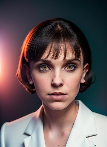 portrait of skswoman, stubborn , wearing business attire , with Shag haircut , background gothic epic (photo, studio lighting, hard light, sony a7, 50 mm, matte skin, pores, colors, hyperdetailed, hyperrealistic), <lyco:Millie Bobby Brown:1.2>