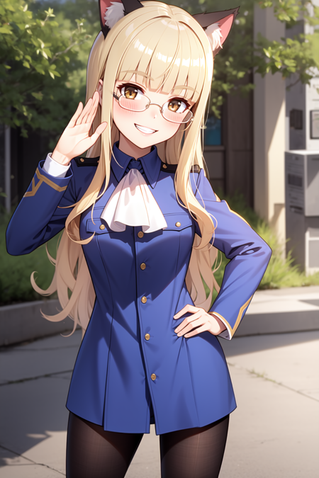 clostermann, brown eyes, blonde hair, long hair, blunt bangs, cat ears, cat tail glasses, blue military uniform, long sleeves, white ascot, no pants, black pantyhose, black shoes