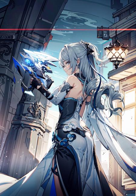 best quality:1.4, very huge eyes, bronya zaychik (silverwing n-ex), bronya zaychik, red pupils, 1girl, solo, breasts, long hair, dress, grey hair, cleavage, looking at viewer, smile, closed mouth, bangs, grey eyes, jewelry, single glove, white dress, gloves, bare shoulders, sleeveless dress, drill hair, sleeveless, single sleeve, hair between eyes, small breasts, twin drills, white sleeves, hair ornament, single pauldron, city, <lora:bronyaZaychikSilverwingNEX_v09:0.5>,