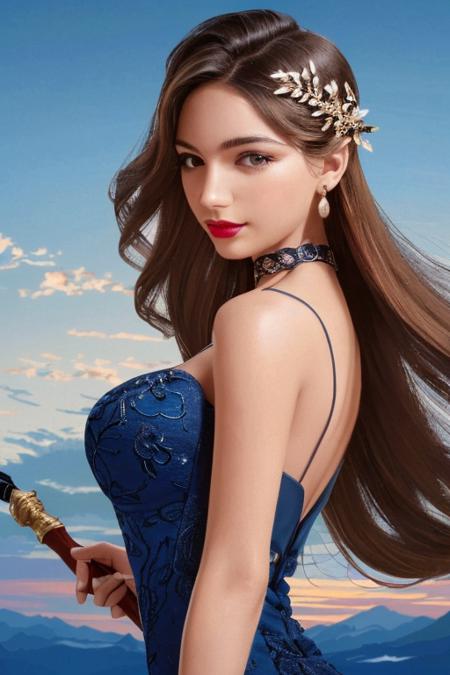 (masterpiece, best quality, ultra-detailed, highres), perfect face, sidelighting, lustrous skin,(bloom), (shine), lighting, ray tracing, sci-fi, city, outdoor, 1girl, solo, breasts, green eyes, red hair, long hair, weapon,lipstick, large breasts, gloves, makeup, sword, earrings, jewelry, headband, choker, lips, elbow gloves, very long hair, signature, red lips, smile, dated, upper body, holding, looking at viewer, depth_of_field, very detailed background, highly detailed background, Masterpiece, Ultra detailed, great composition,Dynamic angle,[Bottle bottom],(wide shot), extremely delicate and beautiful,(Highest picture quality), (Master's work), (fantasy), depth of field, solo,Beautiful girl,extreme light and shadow, masterpiece, rich in detail, (fine features), (highest quality), (masterpiece), (detailed eyes), (beautiful) detailed girl,beautiful detailed eyes,(straight-on), full body,(extremely detailed CG unity 8k wallpaper),(masterpiece), (best quality), (ultra-detailed), (best illustration),(best shadow), perfect lighting , perfect anatomy, solo, close to camera , pov