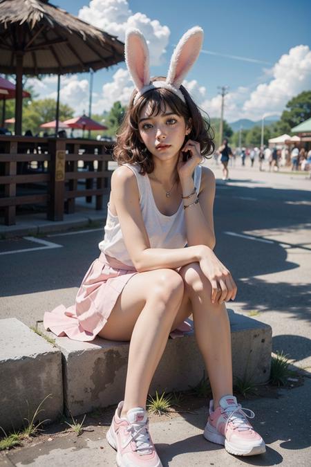 best quality, ultra high res, (photorealistic:1.4),depth of field,
1girl,(full body),Pink curly hair,Cute headband,Rabbit ears hair accessories,White sneakers,sleeveless,Pink pleated skirt,
amusement park,blue sky and white clouds,sitting