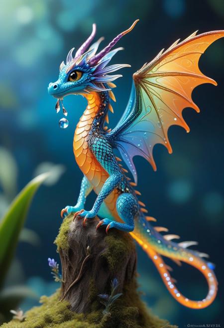 A highly detailed scene of a micro miniature fairy-like dragon perched on a tip of a needle, The dragon has vibrant iridescent wings with intricate patterns, its body are delicate and slender, dragonfly-like creature, glowing translucent scales that shimmer in shades of blue and green and orange, the dragon's expressive eyes and tiny claws are meticulously crafted, whimsical and magical appearance, The background is softly blurred, enchanting creatures, dreamy and otherworldly atmosphere, <lora:MJ52:0.5>