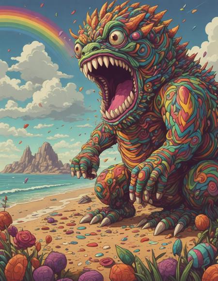 psychedelic dmt experience, pixar-style, Giant monster roaring in fury, One foot propped, Rainbow strip socks, pixel art, gorgeous