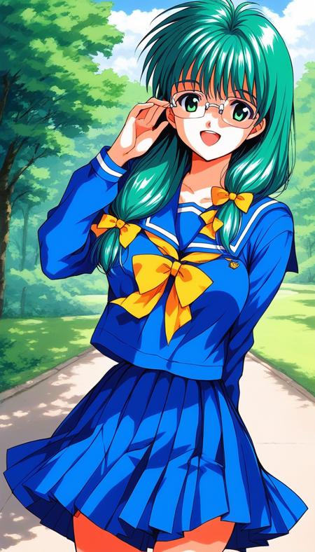 Kisaragi_Mio, long hair, green hair, glasses,  green eyes, hair over shoulder, low-tied long hair,  medium breasts, Kisaragi_Mio, long hair, green hair, no glasses,  green eyes, hair over shoulder, low-tied long hair,  medium breasts, 1990s \(style\), Yellow bow,