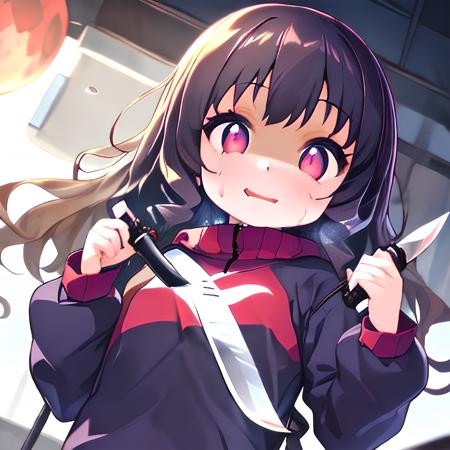 1girl, hawawa,  <lora:hawawa:1.1> sweatdrops, sweat, wavy mouth, looking at viewer, upper body, (smile, long sleeves, have a knife:1.2), red eyes, black hair, big red moon, backlighting, ultra_detailed:1.2