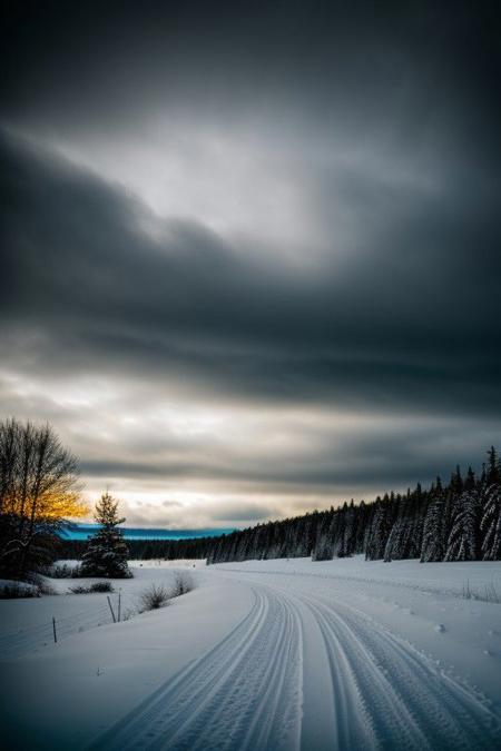 professional photo, photo of WINTER landscape, dramatic lighting, gloomy, cloudy weather