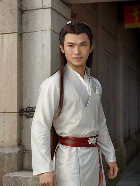 male focus, short shot, 35mm, ((very long straight hair, soft skin)), (standing, tight hanfu clothes made of silk, huge bulge), (fit asian male leaning on a wall, gentle smile, hand resting on pectoral, outside, close to a chinese temple complex), (huge ass), detailed faces, (((beautiful hands))), lowered arms, volumetric lighting, 8K, best quality <lora:tangbohu:0.8>