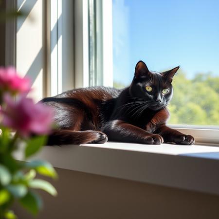 solid black american shorthair cat laying on a window shelf on a sunny day