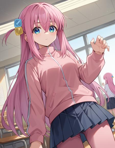 hitori gotou, blue eyes, cube hair ornament, hair between eyes, hair ornament, pink hair, one side up, long hair, black skirt, jacket, long sleeves, pants, pants under skirt, pink jacket, pink pants, pleated skirt, skirt, track jacket, track pants, track suit,