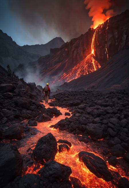 In the heart of a volcanic landscape, our fearless explorer finds themselves amidst a scene of impending chaos. Molten lava cascades down the mountainside, casting an ominous red glow across the rocky terrain. With smoke and ash billowing into the sky, the adventurer races against time, navigating treacherous paths strewn with debris as fiery explosions erupt around them, painting the scene with bursts of intense heat and light. 
many details, extreme detailed, full of details,
Wide range of colors.
Many details everywhere.  soft shadows. Low saturation colors. Insane quality. Insane resolution. Insane details. Masterpiece. 32k resolution.
Dramatic,Dynamic,Cinematic,Sharp details
 <lora:add-detail-xl:1>