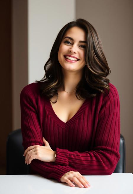 a brunette woman wearing a maroon sweater,she is beautiful,she is smiling in a sexy way