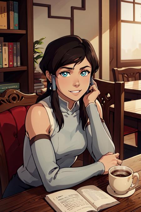 korra, long hair, black hair,  bare shoulders, medium breasts, ponytail, hand on hip, hair tubes, armlet, vambraces, topknot, 