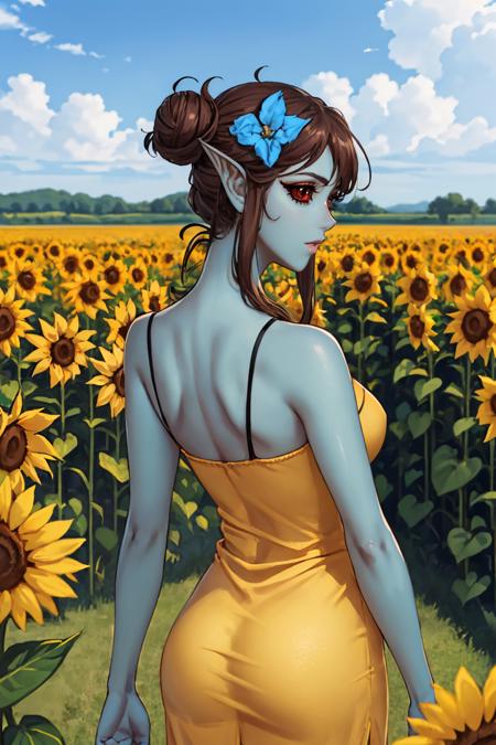 (masterpiece, best quality:1.2), <lora:azura:.95>, azura, 1girl, solo, (blue skin:1.4), pointy ears, red sclera, hair bun, hair flower, looking looking back, from behind, yellow sundress, sunflower, field, depth of field, light particles, bare shoulders,