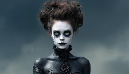 concept art, full body photo of a 18yo girl, heavy make up, well-litt, , model face, by tim burton,
digital artwork, illustrative, painterly, matte painting, highly detailed