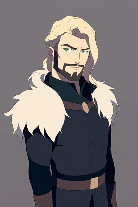 vox machina style, (very detailed background:1.5), 
1boy, armor, bangs, black armor, black coat, blonde hair,  blue coat, green eyes, closed mouth, coat, cowboy shot, expressionless, fur-trimmed coat, fur trim, hair between eyes, looking at viewer, male focus, medium hair, simple background, solo, two-sided coat, (beard:1.2), long hair, 
, ((masterpiece))
<lora:vox_machina:0.6>