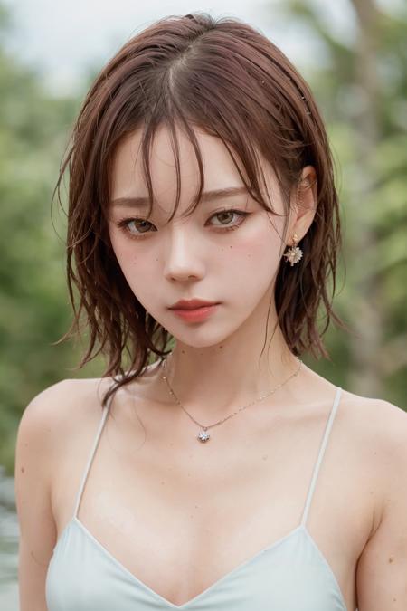 (masterpiece), a stunning photograph of young gorgeous woman, half body crop, 8k, raw photo, looking at viewer, (highly detailed skin:1.2), medium breasts, slim body, wet short hair, wet skin, (photorealistic:1.4), sharp eyes, wet white shirt, in the middle of forest, raining, 1girl, solo, jewelry, earrings, brown hair, looking at viewer, short hair, brown eyes, portrait, realistic, mole, lips, necklace, hand up, bangs, mole under eye, closed mouth