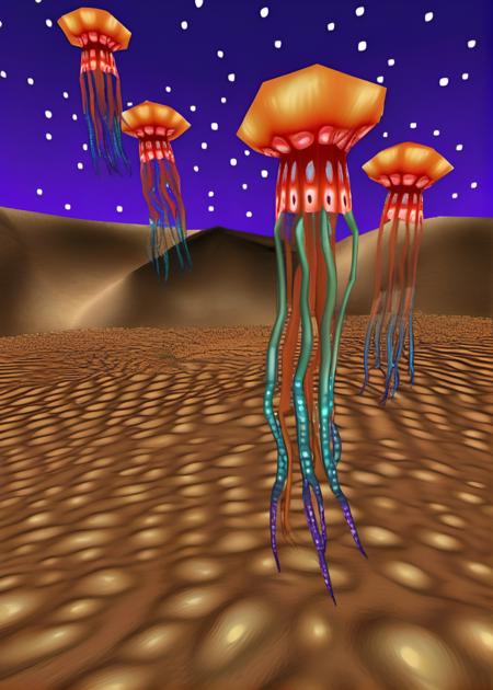 iridescent flying jellyfish in the desert, yayoi kusama style, (ps1 style:1),  <lora:ps1_style_SDXL_v1:1>, (game screenshot), (computer generated image)