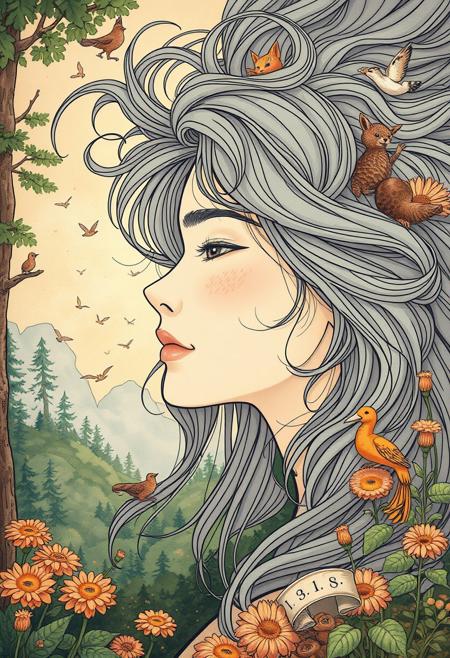 A flowing line-art portrait of a dreamer, their hair dissolving into swirling, mystical landscapes painted in soft, pastel tones.
whimsical storybook animals with detailed naturalism, expressive character designs with soft rounded forms, lush painterly forest backgrounds, warm earthy color palette, fine intricate linework, dynamic yet cozy storytelling composition, balance of realism and fantasy