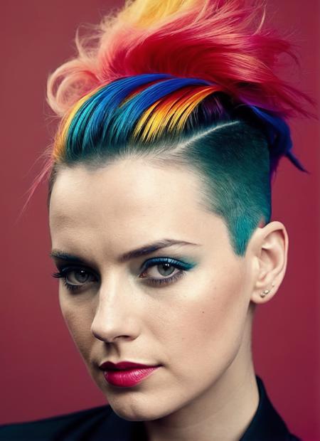 portrait of sks woman by Flora Borsi, style by Flora Borsi, bold, bright colours, rainbow Mohawk haircut, ((Flora Borsi)), <lora:lora_daisy_v1_from_v1_160:1>