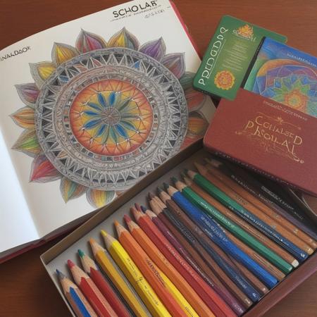 “Prismacolor Scholar” colored pencils (Box of 24), with an open mandala book which has started to be colored, pencils next to the book