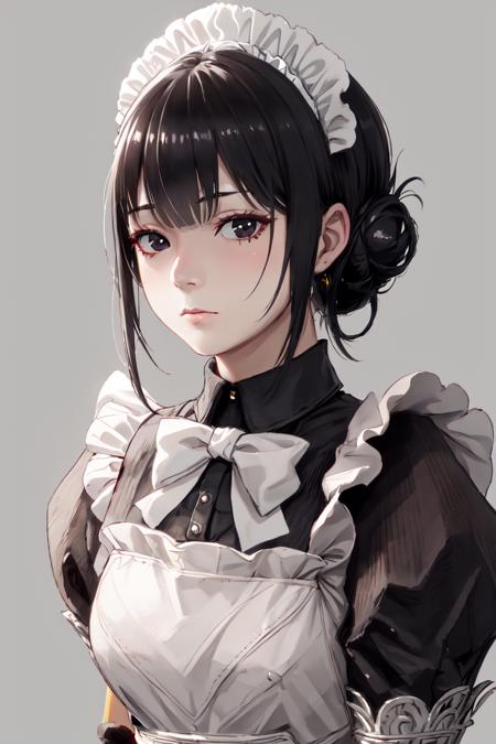 1girl, maid, solo, black hair, mature, apron, maid headdress, single hair bun, black eyes, hair bun, looking at viewer, maid apron,  emotionless, narberal_gamma,  <lora:Narberal Gamma v1_1:0.75>, highres, sharp focus, pixiv masterpiece, ((intricate details)), highly detailed,