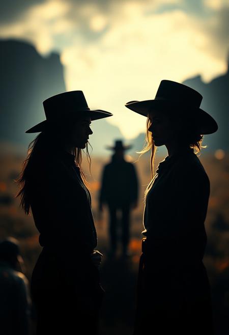 Blurred bokeh background, intense dramatic lighting. Sharp focus on human figures within a surreal landscape. American regionalism and contemporary surrealism blend. High contrast, tension, masterful shadows, unsettling undertones.
