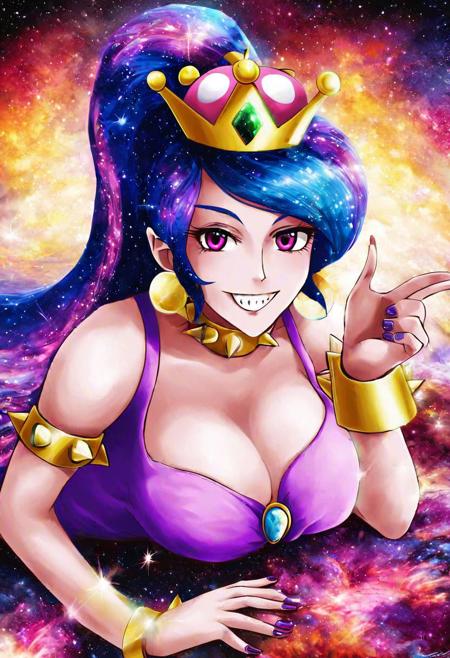 <lyco:MegaMilkV1-20:1.0>, poseMega, 1girl, breasts, super crown, collar, large breasts, bracelet, crown, ponytail, long hair, smile, jewelry, teeth, nail polish, grin, pink_dress, leaning_forward, shirtMega, poseMega, Princess Cadence, Equestria Girls, pink eyes, giantess, looking at viewer, (floating in front of a galaxy), (detailed space background, shooting stars in background:1.2), ((lying in the middle of a galaxy)) space, stars, (galaxy:1.6), nebula, (universe:1.6), ((floating)), floating hair, (she is bigger than the universe)