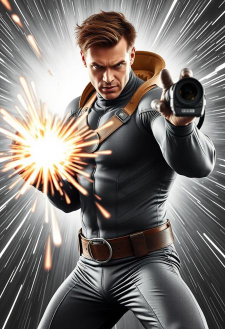 british superhero in a grey and tan bodysuit shooting rings of concussive force towards the camera