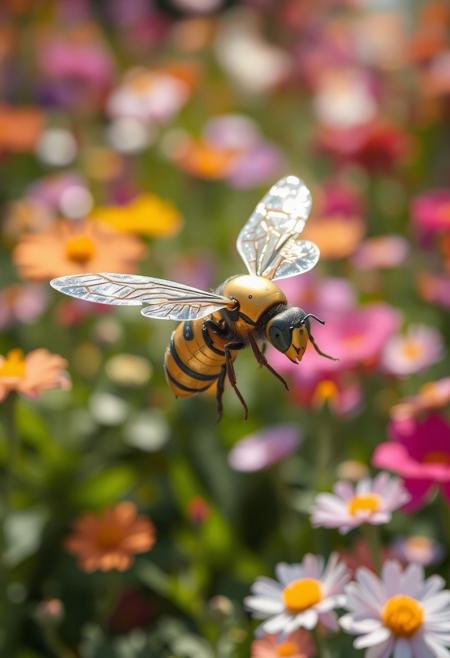 Imagine a close-up of a robotic bee hovering in mid-air, its delicate metal wings shimmering in the sunlight. Surrounding it is a vibrant garden filled with colorful flowers, each petal telling a story of life and beauty. The bee seems to dance gracefully, merging engineering precision with the elegance of nature. In this intersection of technology and the environment, we sense the human desire to harmonize innovation with the natural world.”