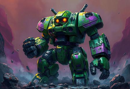 A fullbody view of a Scrap Golem robot on a Jelly Hole background, featuring a green and purple color scheme. The robot, resembling an overlord, has a rugged male ranger appearance with splattered tar and clenched fist. Turrets are visible, and the robot is insanely integrated. An official details photo, it's an editor's pickup with a colt. The image is high-resolution, 4K, and exceptionally detailed, with vivid emotions, captivating lighting, and a powerful message. It boasts impeccable composition, stunning colors, and a harmonious blend of multi-colored tones. The artwork is highly detailed, with sharp lines, brush strokes, and beautiful matte painting, reflecting a contemporary aesthetic. The image is a perfect blend of real-life and hyper-detailed elements, making it elegant and photorealistic. The artistic style is reminiscent of artgerm, greg rutkowski, and alphonse mucha, with a golden ratio design and cinematic lighting. The artwork is suitable for use as concept art, with a 16k resolution.