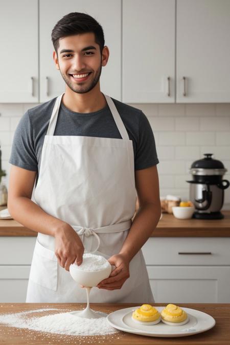 Cheerful young woman and man mixing flour and beating eggs, on a table. "Isolated on white background", "wide shot", apron, sri lankan, uncropped, looking at the cake, holding a cake