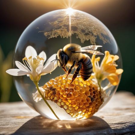 enhanced cinema photography, 35mm photography, film, professional, 4k, highly detailed,
A fragment of a bee hive enclosed in a crystal globe,
The hive fragment about the size of the globe with a warm golden brown hue. Its surface is polished, shining softly under the light, revealing a fascinating play of golden, honey and orange tones. Tiny air bubbles and organic inclusions are scattered throughout, giving it a feeling of antiquity and natural complexity.
Inside, bee
in flight, background fields of white columbines flowers with setting sun