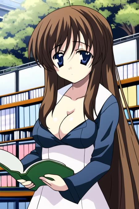 book, 1girl, holding book, library, bookshelf, reading, open book, ahoge, brown hair, solo, blue eyes, holding, long hair, breasts, dress, long sleeves, looking at viewer, building, cleavage, tree, <lyco:schooldaysLora:1>, schooldays,