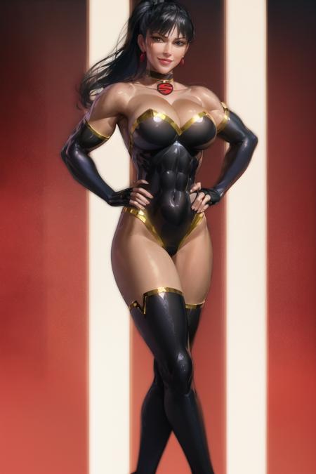 (masterpiece, best quality:1.2), <lora:superwoman_(mary_batson):1>, superwoman (mary batson), masterpiece, best quality, 1girl, solo, breasts, black hair, thighhighs, large breasts, leotard, dark skin, long hair, gloves, hand on hip, dark-skinned female, ponytail, choker, jewelry, cleavage, abs, fingerless gloves, elbow gloves, bare shoulders, black gloves, strapless, black thighhighs, makeup, black leotard, strapless leotard, smile, muscular female, earrings, muscular, lipstick, lips, bangs, covered navel, black eyes, toned, highleg leotard, blunt bangs, thighs,