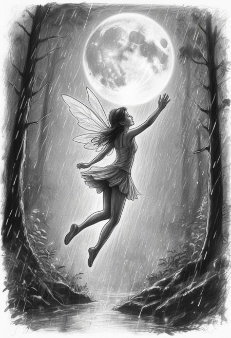 Hand-drawn sketch, overhead view of a fairy mid-leap in a rain-soaked forest under a full moon. Wet scene, reflective surfaces, drizzling rain, rough pencil strokes, textured, white background.