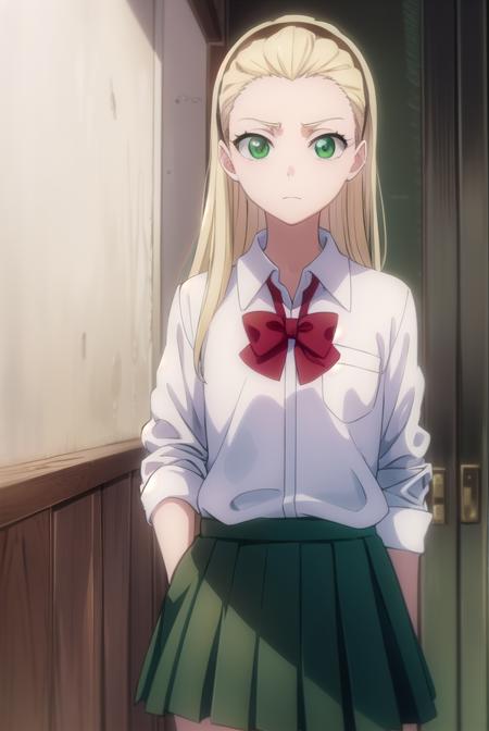 rurichiyokasumioji, <lora:rurichiyokasumioji-lora-nochekaiser:1>, 
rurichiyo kasumioji, long hair, blonde hair, (green eyes:1.5), hairband, hair pulled back, forehead,
BREAK skirt, shirt, bow, school uniform, white shirt, pleated skirt, socks, miniskirt, bowtie, red bow, kneehighs, brown footwear, black socks, loafers, red bowtie, grey skirt, sleeves rolled up,
BREAK indoors, classroom,
BREAK looking at viewer, (cowboy shot:1.5),
BREAK <lyco:GoodHands-beta2:1>, (masterpiece:1.2), best quality, high resolution, unity 8k wallpaper, (illustration:0.8), (beautiful detailed eyes:1.6), extremely detailed face, perfect lighting, extremely detailed CG, (perfect hands, perfect anatomy),