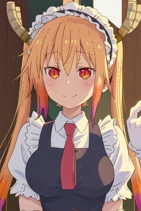 best quality, masterpiece, highres, solo, {tooru_kobayashisanchinomaidragon:1.15}, blonde_hair, horns, dragon_horns, long_hair, dragon_girl, maid_headdress, twintails, multicolored_hair, maid, blush, gradient_hair, necktie, red_eyes, closed_mouth, red_necktie, orange_eyes, hair_between_eyes, breasts, orange_hair, 1girl, closed_eyes, collared_shirt, gloves, puffy_short_sleeves, puffy_sleeves, short_sleeves, white_gloves, shirt, elbow_gloves, smile, white_shirt, large_breasts, dress, bangs, facing_viewer, upper_body