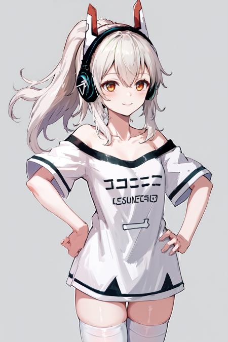 1girl ponytail headgear headphones short sleeves bare shoulders white shirt white thighhighs