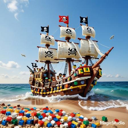 a LEGO pirate ship braving a brick-built ocean, sails stitched from flat tiles, cannonballs flying as rounded studs, wave crests shaped with white curved slopes, minifig pirates yelling with expressive printed faces, LEGO