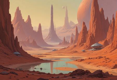 A pastel painting by a contemporary of Syd Mead, Frank Frazetta, and Zdzisław, in the style of retro-futuristic science fiction, capturing Mars Alma, a fantastical city on Mars, hidden among the crimson high peaks, where majestic biodomes shelter lush savannas and far-off lakes glisten.