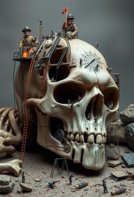 "Giant skeleton lies defeated, its massive skull a testament to a long-forgotten battle. Yet, from death springs new life, as miniature architects swarm the skull, using it as a foundation for their latest masterpiece. Tiny ladders and pulleys allow the architects to scale the skull's cranium, as they work tirelessly to transform the macabre remains into a work of art. Delicate bridges and arches span the skull's cavities, while intricate carvings adorn the bone. The architects' tiny tools and equipment lie scattered about, as they strive to create something beautiful from the skeletal remains. Style: whimsical, detailed, and poignant, with a focus on capturing the contrast between the skeleton's grim past and the architects' creative rebirth."