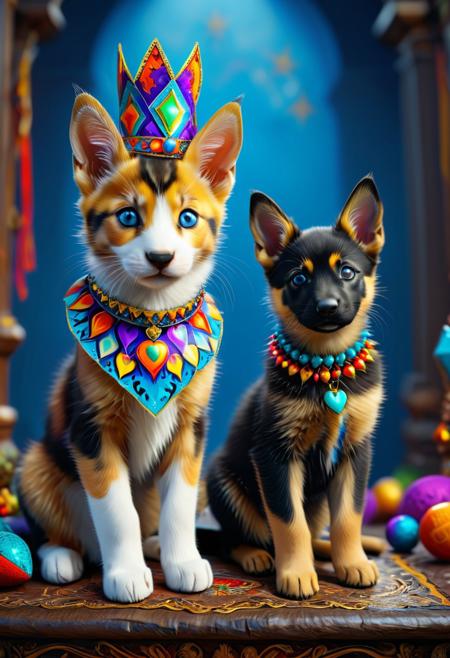 In this vibrant and dramatic portrait, a charming kitten and a German shepherd are cleverly combined, both showcasing intricate and whimsical decorations. The kitten sports a captivating face paint in bold colors such as white, black, blue, and purple, with geometric patterns and sharp angles, while the German shepherd dons a decorative collar that harmoniously complements the kitten's vivid aesthetic. Both animals wear contrasting pointed hats, reminiscent of jesters or harlequins, heightening the sense of artistry and playfulness. A dark background accentuates the bright colors and intricate details, creating a fantastical and immersive scene. This detailed matte painting, with deep color and intricate detailing, is perfect for a splash screen and showcases the fantasy concept art style. At 8k resolution, this captivating image is sure to trend on Artstation and the Unreal Engine 5 platform.
