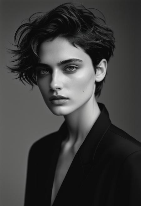 Black and white film portrait, reminiscent of classic fashion photography.  Androgynous model with short, tousled hair, wearing minimal black clothing.  Confident yet vulnerable expression.  Soft, diffused light, emphasizing form and texture.  Grainy film aesthetic, high contrast, deep blacks.  Plain backdrop, minimalist composition.  Keywords: strength, elegance, vulnerability, intimacy, fashion.
Model: (Anya Chalotra:0.7), (Sistine Stallone:0.3)
(Award winning, masterpiece, intricate details, 8k UHD, high quality, perfect eyes)