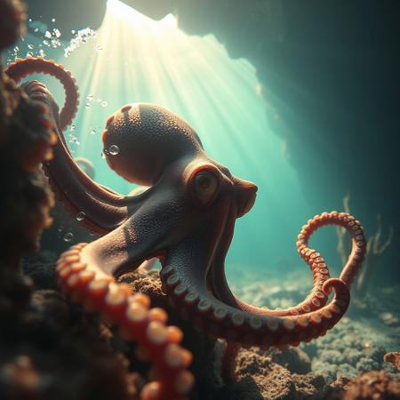 a very detailed close picture of an octopus escaping a labirinth   underwater near ,sunlight pasing throw water