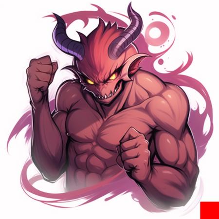 stylized, red flesh monster, blank eyes, teeth, horns, fists