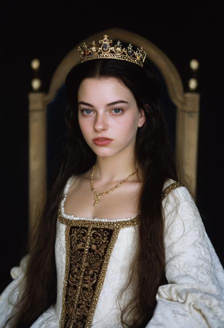 bokeh, (portrait), elizabethan attire, queen ClaudiaJ4mss, Claudia Jamsson, <lora:ClaudiaJ4mss-sdxl:1>, 1girl, skin detail, mid shot, 21 year old, beauty mark, royal garments, dark hair, long hair, ultra detailed, 8k, skin pores, grain, photograph, medieval aesthetic, 1990s cinema, analog, film, nineties, throne room, tapestries