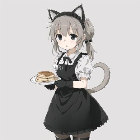 <lora:avas_jun_07-03--tsukumizu_yuu_005-095--ham_rifl_09-01:1>, 

1girl, ahoge, animal ears, apron, bangs, black bow, black dress, black gloves, bow, brown hair, cat ears, cat girl, cat tail, dress, food, frilled gloves, frills, gloves, grey background, grey eyes, grey footwear, hair bow, hair intakes, hair ornament, highres, holding, holding plate, long hair, looking at viewer, maid, maid headdress, pancake, pancake stack, pantyhose, parted lips, plate, puffy short sleeves, puffy sleeves, shoes, short sleeves, solo, tail, tail bow, tail ornament, twintails, very long hair, white apron, white bow, white pantyhose, x hair ornament