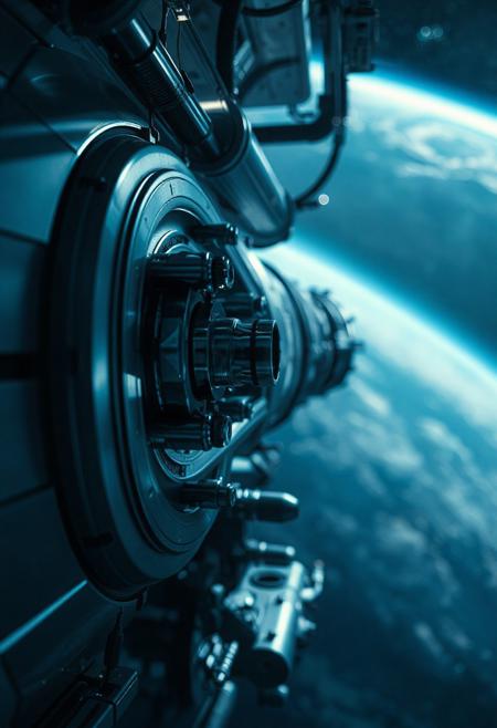 Realistic cinematic scene in 4K resolution of a modern space station docking, close-up of docking glands, hydraulic mechanisms, and connector tubes, soft reflections on metallic surfaces, subtle ambient lighting, cold blue and grey color tones, melancholic and nostalgic atmosphere, Earth visible in the background, light fog and particles in space, highly detailed, photorealistic, cinematic lens effects, shallow depth of field, modern sci-fi style, sharp focus