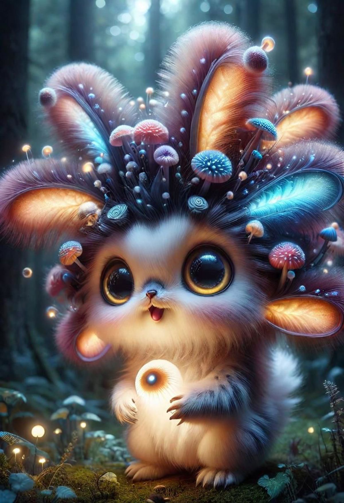 A cute, furry creature with a mushroom on its head, holding a glowing light bulb in its paws.