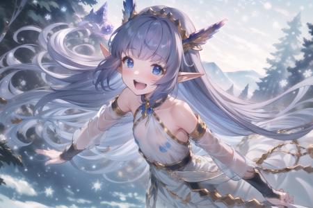 masterpiece,best quality,detailed, <lora:lily-Counterfeit-V3.0:1>, solo, 1girl, field of deapth, lily_\(granblue_fantasy\), granblue fantasy, elf, shilver hair, very long hair, hair ornament, blue eyes, small breasts, collarbone, streched arms, white dress, smile, looking at viewer, winter,